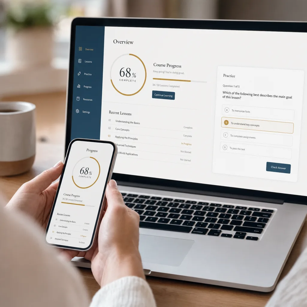 Inside the program: course dashboard with modules, lessons and reference guides